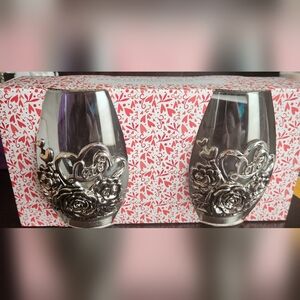Set Of 2 Stemless Wine Glasses LOVE Silver Metal On Glass